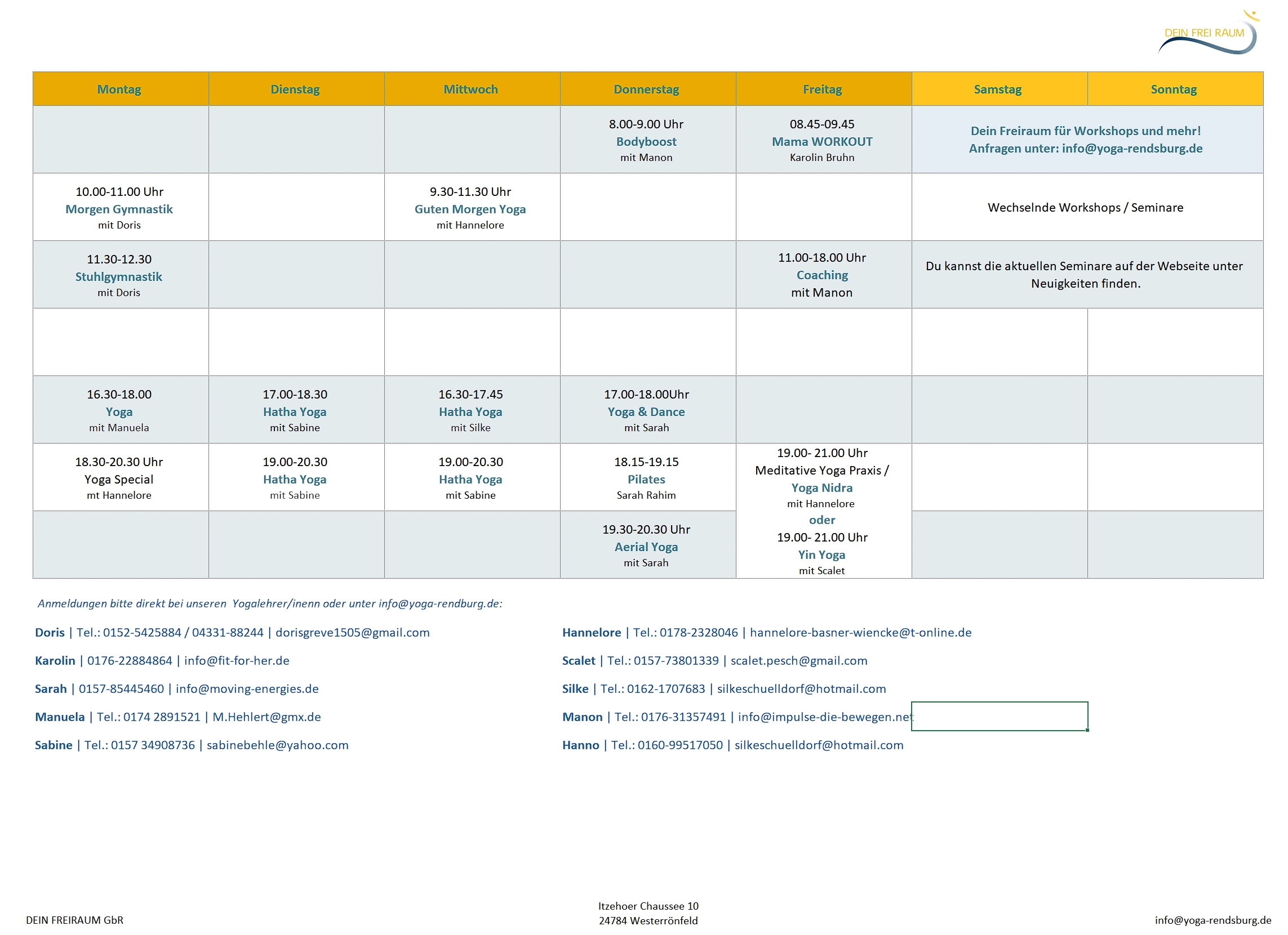 Wochenplan Kurse DEIN FREIRAUM Rendsburg