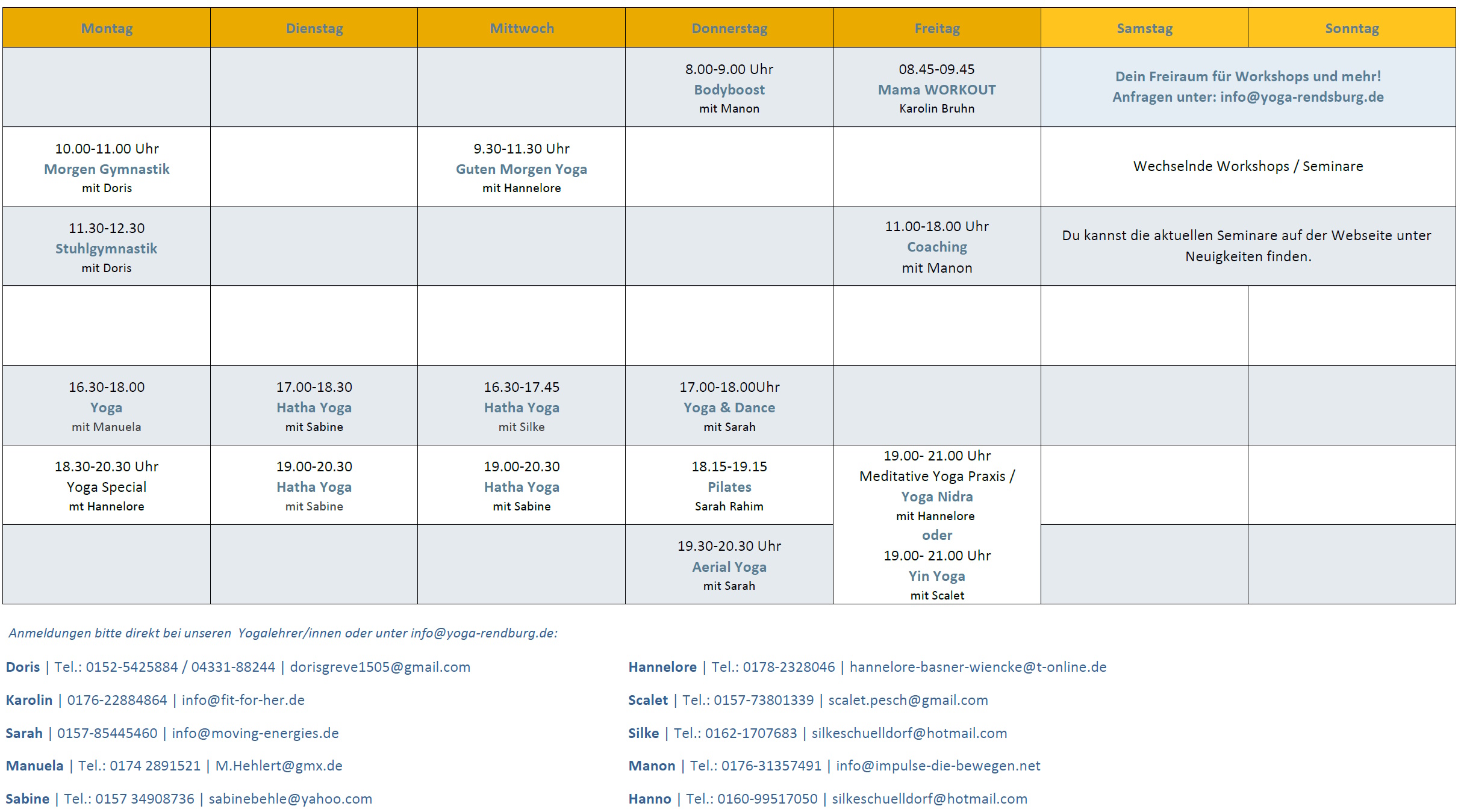 Wochenplan Kurse DEIN FREIRAUM Rendsburg